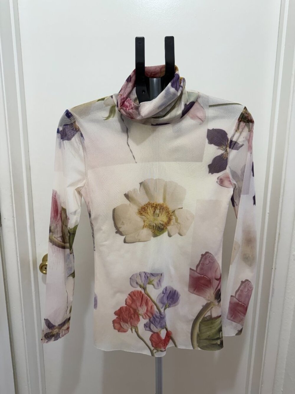 Ganni Floral Mesh Turtleneck Top Long Sleeve Sheer - Size 38 (US M)